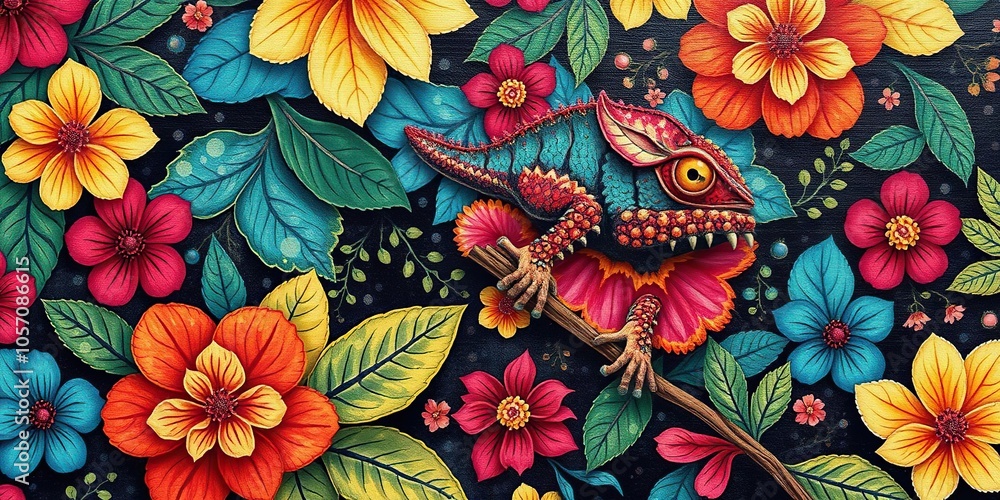Chameleon blending into vibrant floral wallpaper, floral, design, texture