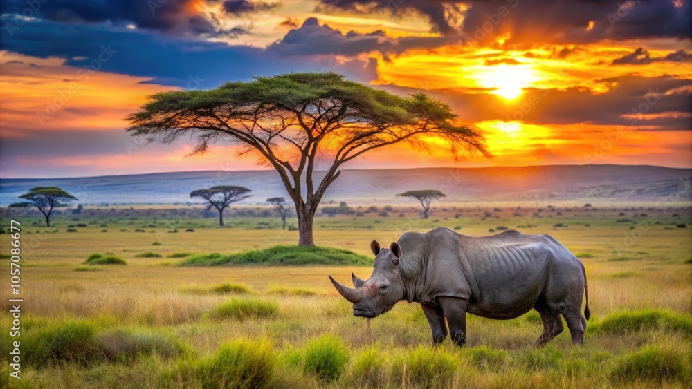 Fototapeta premium Rhinoceros stands elegantly in the savanna during a stunning sunset, with acacia trees silhouetted against a colorful sky.