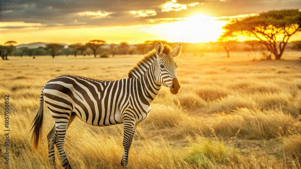 Naklejka premium Zebra stands in a golden grassland at sunset, showcasing its striking black and white stripes against a vibrant sky.