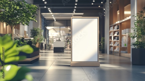 A modern interior space featuring a blank signage stand, surrounded by greenery and bookshelves, creating a welcoming atmosphere. photo