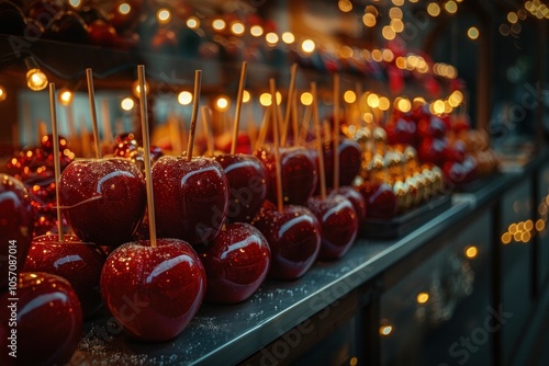 Close-up of shiny red candy apples at a holiday Christmas market stall, illuminated by warm lights, evoking festive sweetness