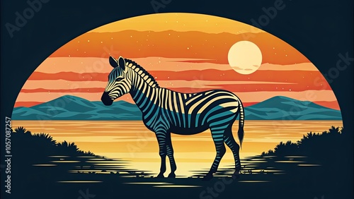 A stylish, artistic depiction of a zebra standing against a vibrant sunset backdrop with mountains, showcasing nature's beauty. photo