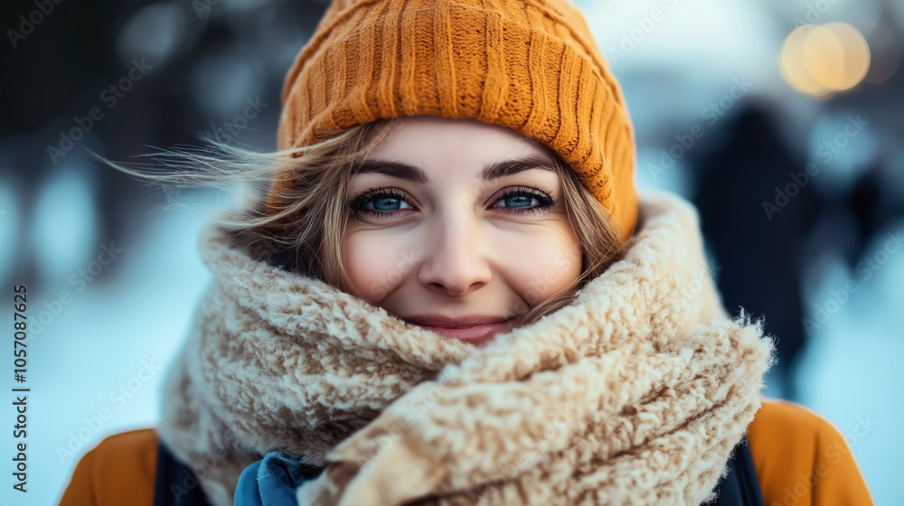 Close-up portrait of a smiling woman outdoors in winter wearing a warm orange knit hat and a large beige scarf, with a snowy background. Close-up portrait of a smiling woman outdoors in winter wearing a warm orange knit hat and a large beige scarf, with a snowy background.