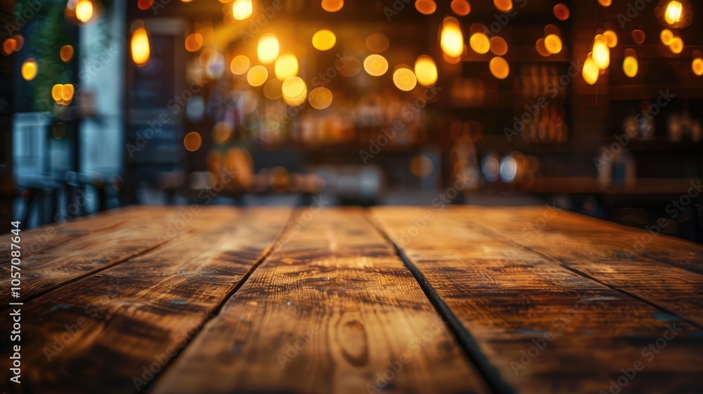 Wooden table with restaurant lights in the background Wooden table with restaurant lights in the background