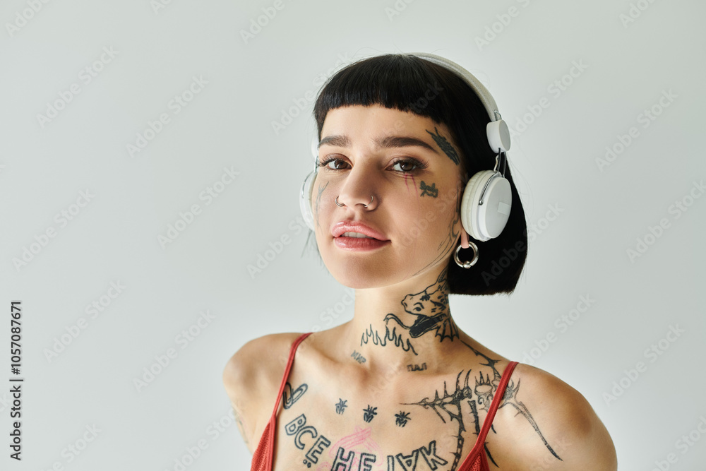 Young woman in trendy attire and headphones embraces music with confidence. Young woman in trendy attire and headphones embraces music with confidence.