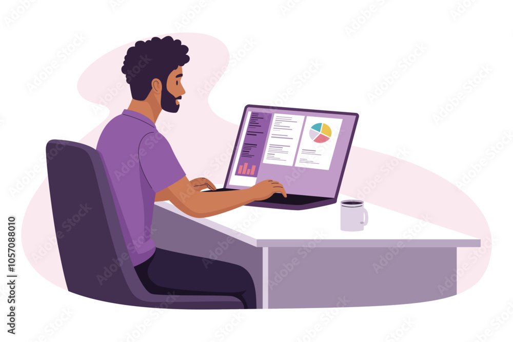 Man working at a desk, analyzing data charts on a computer screen, focused on business analytics. Man working at a desk, analyzing data charts on a computer screen, focused on business analytics.