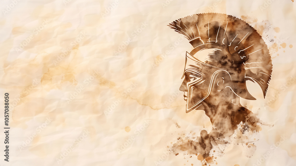 An intricate drawing illustrating the head of a Spartan warrior adorned with a distinctive helmet, skillfully depicted on a sheet of paper, copy space An intricate drawing illustrating the head of a Spartan warrior adorned with a distinctive helmet, skillfully depicted on a sheet of paper, copy space