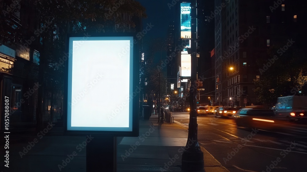 A dimly lit city street featuring a blank advertising billboard, with glowing lights from nearby buildings and passing vehicles creating a vibrant urban atmosphere. A dimly lit city street featuring a blank advertising billboard, with glowing lights from nearby buildings and passing vehicles creating a vibrant urban atmosphere.