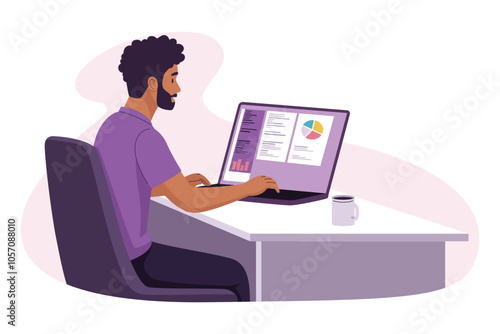Man working at a desk, analyzing data charts on a computer screen, focused on business analytics.