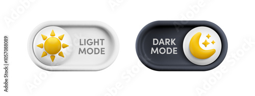 Vector cartoon 3d light and dark theme on switch button. Cute realistic 3d white Day mode and black Night mode toggle switch slider. Design element for mobile app interface, web, game.