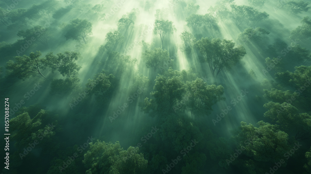 Fototapeta premium 霧に包まれた夜明けの古代の森