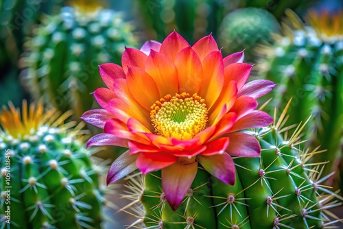 Close-up of a single large cactus flower in full bloom with vibrant colors against a green stem, colorful flowers, succulent flowers