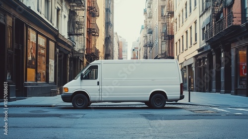 A white delivery van parked on a quiet city street surrounded by stylish buildings, showcasing an urban setting.