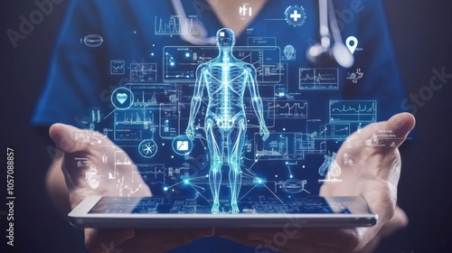 Electronic health records (EHR), displaying patient data on a tablet, with secure digital access symbols