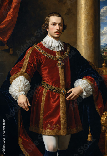 Renaissance-style painting portrait of a young king in noble background, Generative AI	
