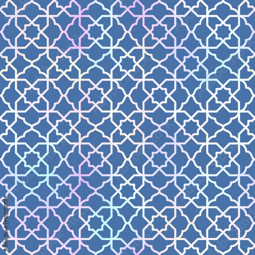 Blue Arabic style seamless pattern. Vector holographic gradient oriental ornament on blue background. Oriental traditional texture for backgrounds, wallpapers, textile patterns, decoration