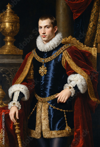 Renaissance-style painting portrait of a young king in noble background, Generative AI	
