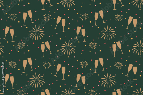 seamless New Year's Eve golden pattern with champagne glasses, fireworks and colorful confetti- vector illustration