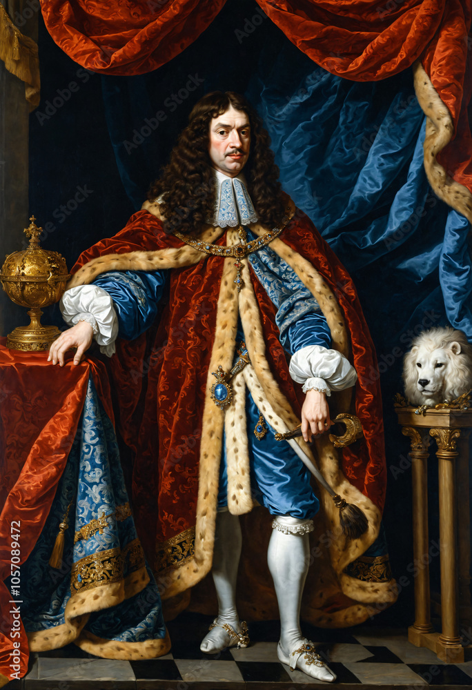 Obraz premium Renaissance-style painting portrait of an old king in noble background, Generative AI 