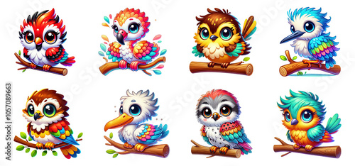 Wallpaper Mural Adorable cartoon birds perched on branches, isolated on transparent background Torontodigital.ca