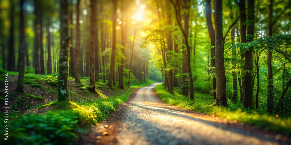 Fototapeta premium Gravel Path in Lush Forest - Tilt-Shift Photography for Nature Lovers