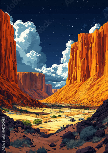A stunning night scene of a canyon illuminated by moonlight, showcasing towering rock formations and dramatic clouds in the sky, creating a serene and enchanting atmosphere