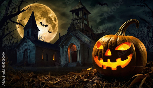 A glowing jack-o'-lantern sits in front of an old, eerie church under a full moon, surrounded by bare trees, fallen leaves, and flying bats in a spooky scene.