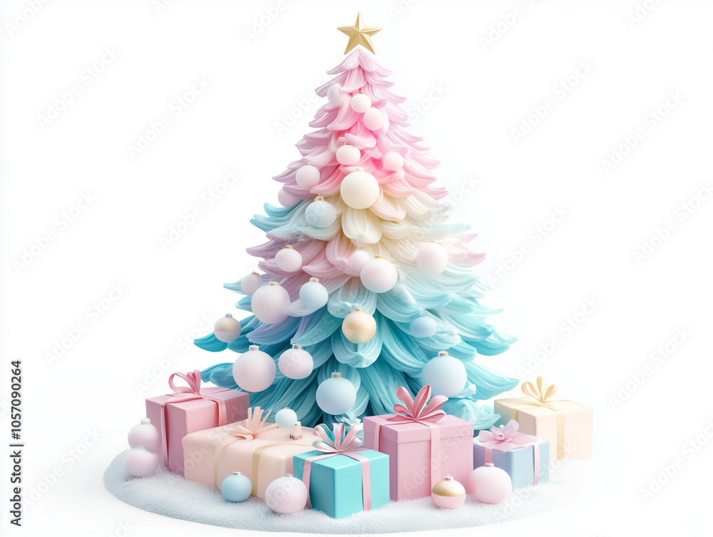 3D Christmas tree with gifts, pastel colors on a white background 3D Christmas tree with gifts, pastel colors on a white background