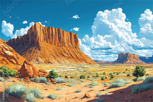 A breathtaking desert landscape showcasing towering red rock formations against a clear blue sky adorned with fluffy white clouds, creating a dramatic and serene atmosphere