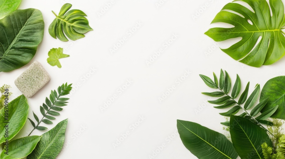 Tropical Green Leaves and White Background for Product Display or Branding Tropical Green Leaves and White Background for Product Display or Branding