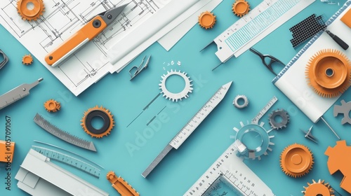 Engineering tools illustration, depicting blueprints, calipers, and gears, flat and bright vector photo