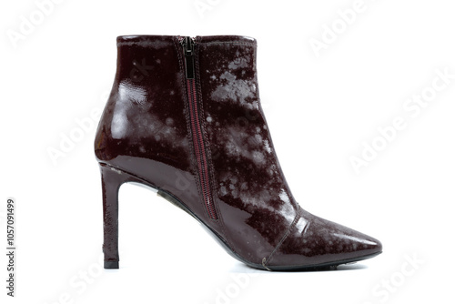Photos badly moldy high-heeled shoes on white background