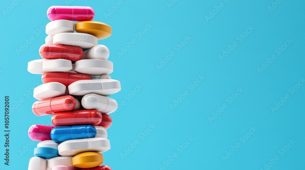 Stack of Multicolored Pills and Tablets on Blue Background Stack of Multicolored Pills and Tablets on Blue Background