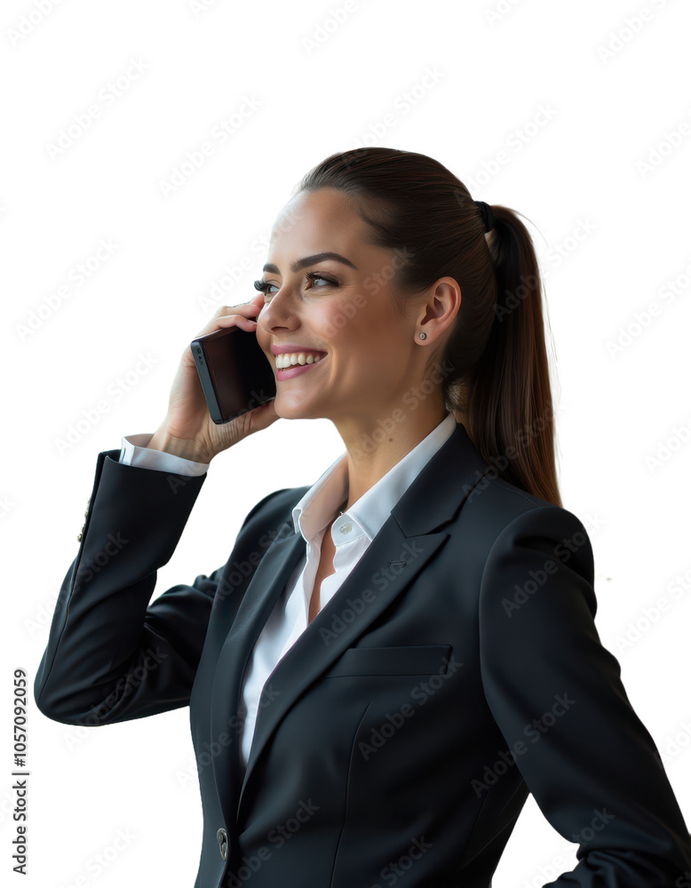 Portrait of a business woman in a black suit talking on a cell phone, isolated on a transparent background Portrait of a business woman in a black suit talking on a cell phone, isolated on a transparent background