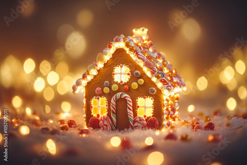 Festive gingerbread house with colorful candy and warm holiday lights