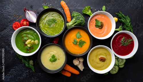 A top view of assorted colorful vegetable soups in bowls, surrounded by fresh ingredients like carrots, broccoli, and tomatoes on a dark background. Perfect for health and food concepts.