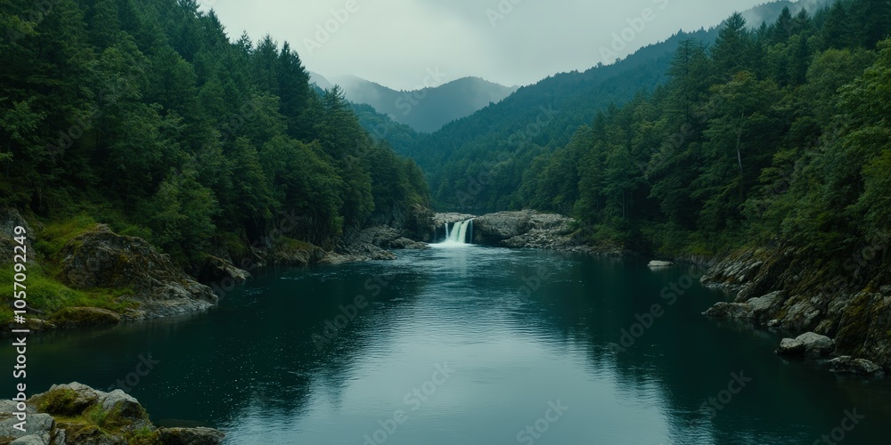 Tranquil Waterfall in Lush Green Forest Landscape Tranquil Waterfall in Lush Green Forest Landscape