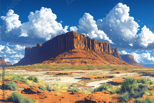 Vibrant desert landscape showcasing a majestic butte under a brilliant blue sky filled with fluffy clouds, highlighting the stunning natural beauty of the arid environment