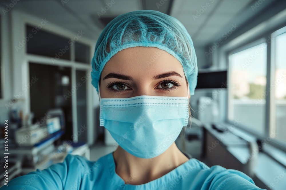 a selfie of a female doctor with a mask on her face a selfie of a female doctor with a mask on her face