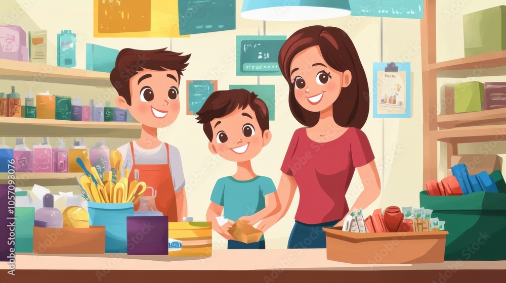 Family-owned business vector, depicting a family working together in a small retail shop, cheerful style Family-owned business vector, depicting a family working together in a small retail shop, cheerful style