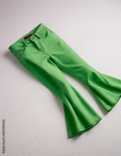 Stylish green flared jeans featuring a vibrant hue and trendy design. photo