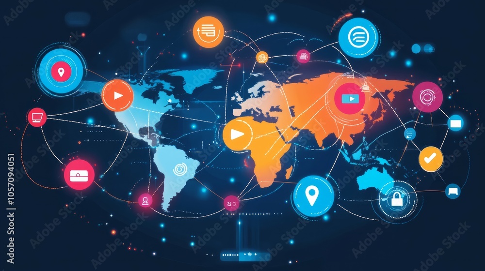 Obraz premium A sophisticated digital interface with a global map in the background