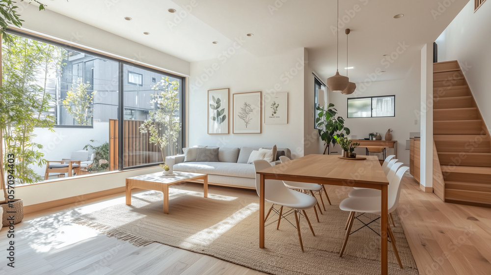 Open Concept Living And Dining Room With Green Plants And Large Windows Open Concept Living And Dining Room With Green Plants And Large Windows