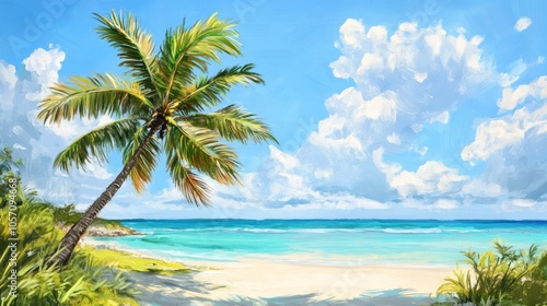 A single palm tree stands on a white sand beach with turquoise water and blue sky with clouds.