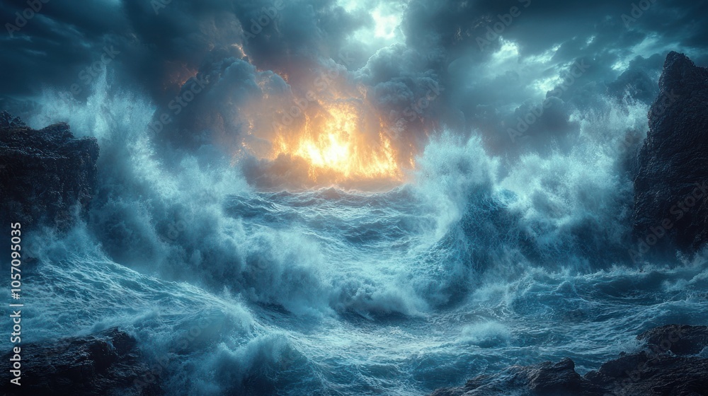 Fototapeta premium A dramatic seascape with turbulent waves and fiery clouds.