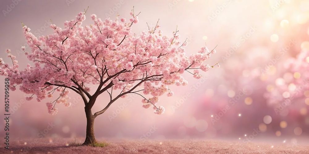 Fototapeta premium Delicate cherry blossom tree against a soft pink background, branches, nature, flowers, blooming, delicate