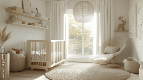 Scandinavian-Inspired Nursery With Rattan Chair And Beige Decor photo