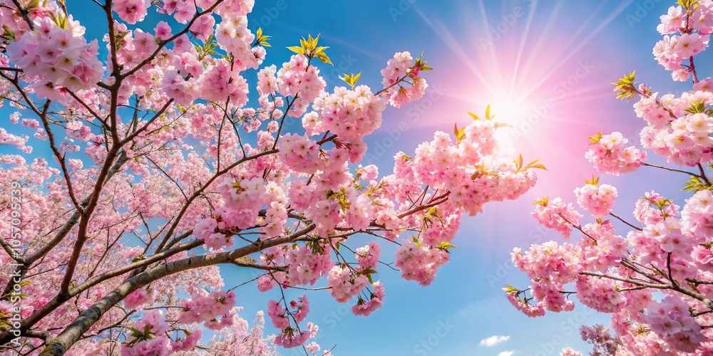 Delicate pink cherry blossom tree against a clear blue sky with subtle sunlight filtering through its branches, landscape, pink flowers, nature, gentle hues, tree Delicate pink cherry blossom tree against a clear blue sky with subtle sunlight filtering through its branches, landscape, pink flowers, nature, gentle hues, tree