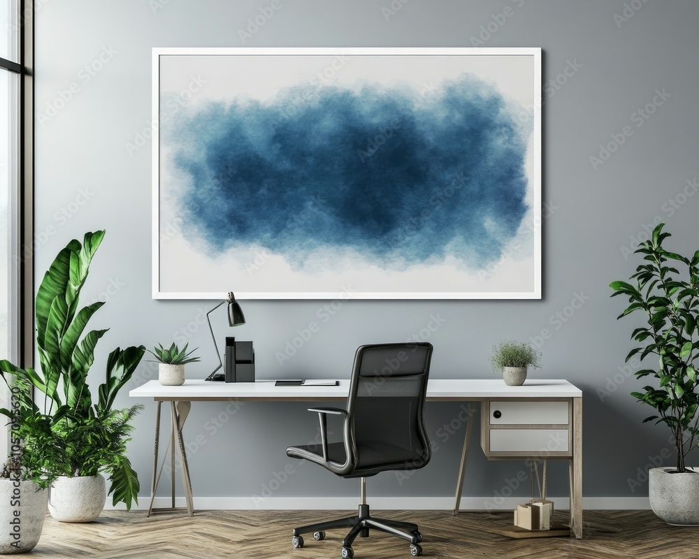 Fototapeta premium A white framed blank poster, on the wall above a desk in a modern office,