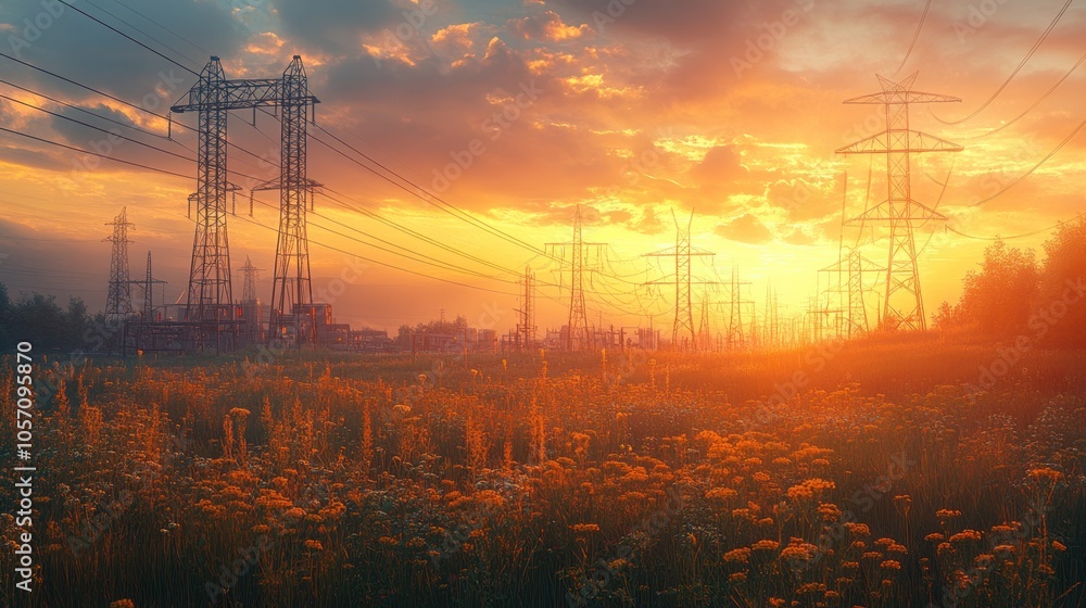 Sunset over a field with power lines and blooming flowers. Sunset over a field with power lines and blooming flowers.